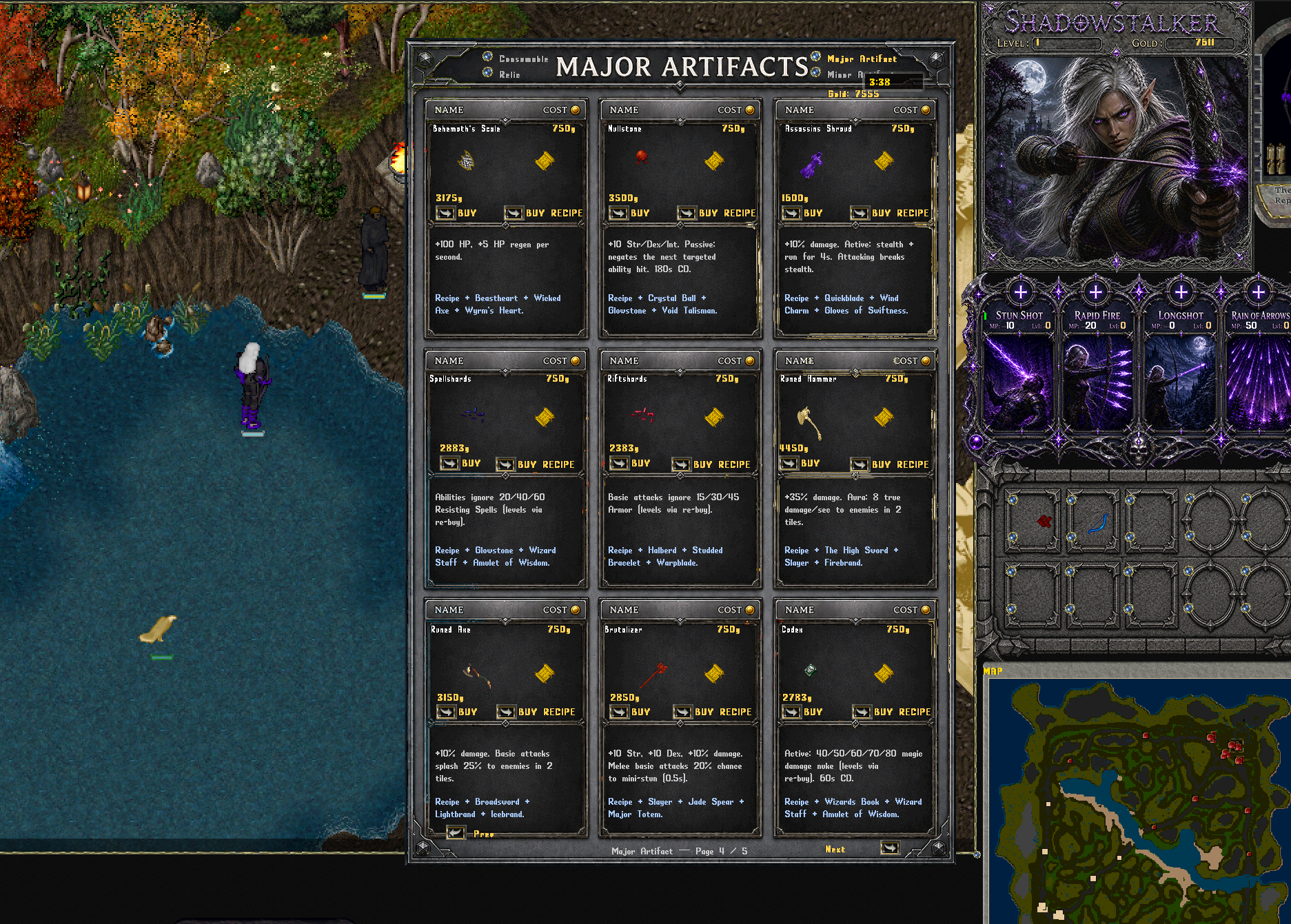 Defense of the Shards gameplay: artifacts shop, hero abilities, and minimap