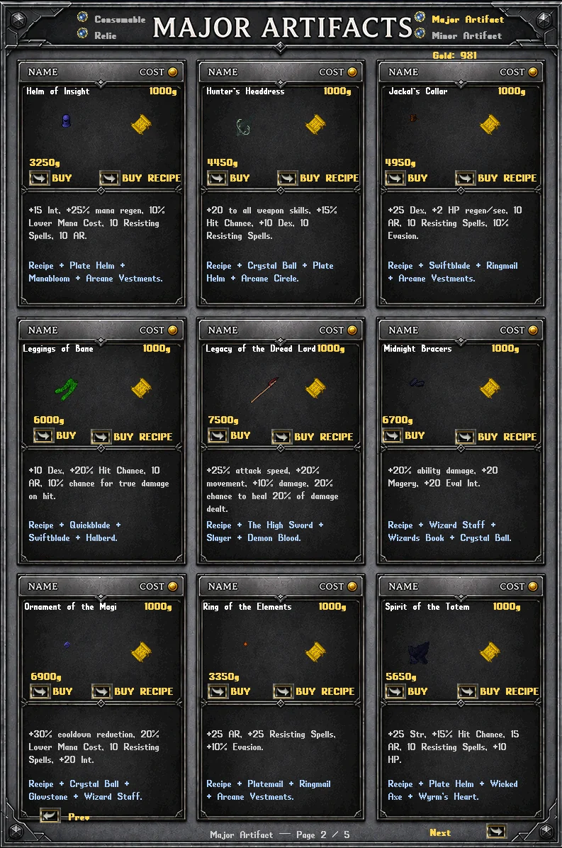 Major artifacts shop page two
