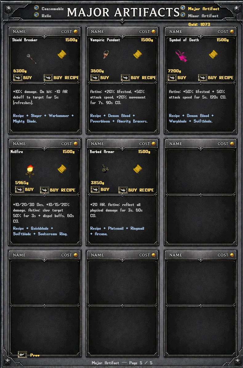 Major artifacts shop page five
