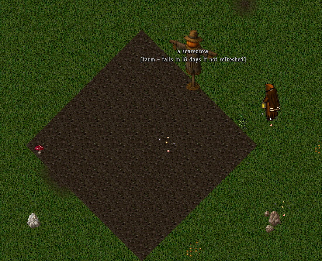 A freshly placed Scarecrow Farm plot