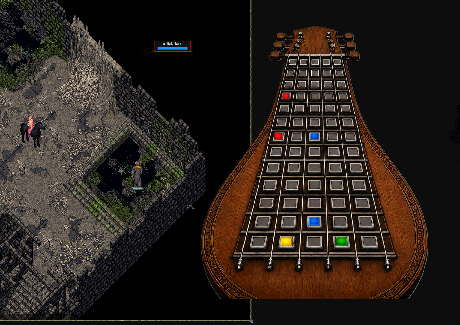 A bard mid-concert, lute gump raised