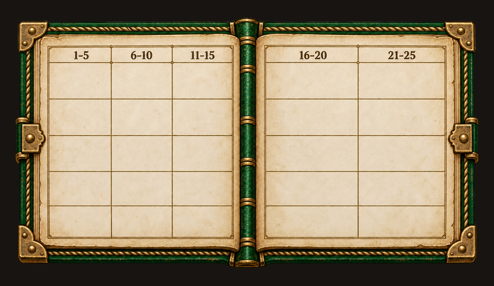 The codex in progress: the numbers 1 to 25 in a book