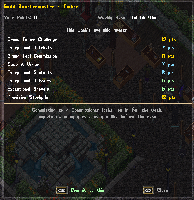 The Tinker quartermaster commit gump listing this week's eight quests