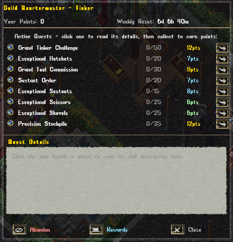 The active quest board showing progress and collect buttons