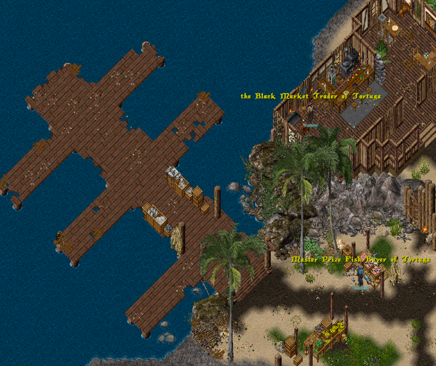 The Tortuga docks with the Black Market Trader and the Prize Fish Buyer