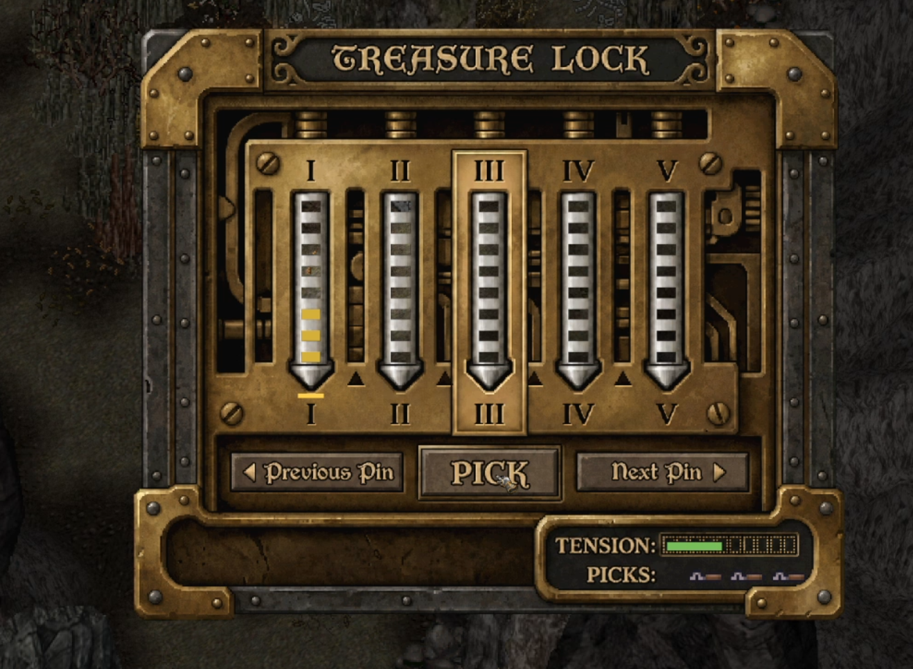 The Treasure Lock minigame - five pin columns, tension bar and picks