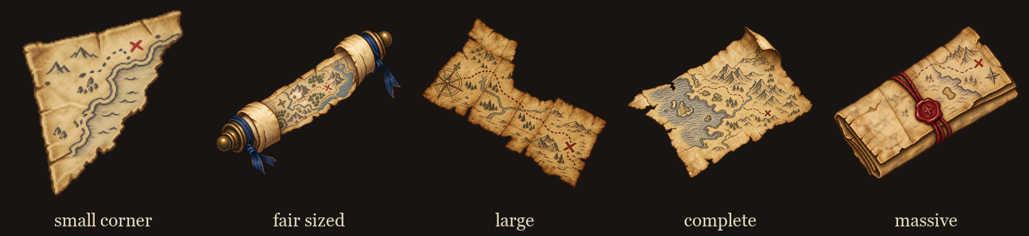 The five map pieces: small corner, fair sized, large, complete, massive