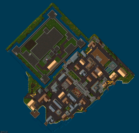 The Castle Siege battle map with four numbered entry points