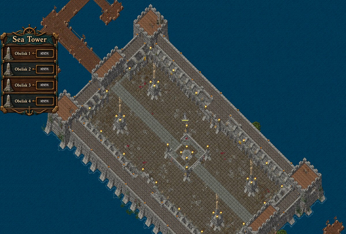 The Sea Tower fortress seen from above, with the obelisk status gump in the corner