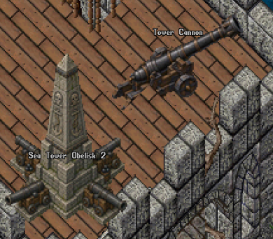 A Sea Tower obelisk beside a tower cannon on the fortress wall
